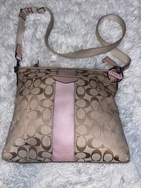 Coach Beige Signature Crossbody with Pink Center Stripe